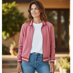 ST. JOHN Pink Faux Suede Striped Ribbed Track Jacket Sweater Top